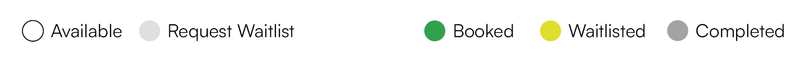 Class status legend showing Request Waitlist, Available, Waitlist, Booked, and Expired